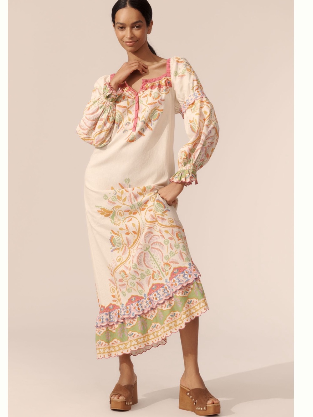 Nwt farm Rio Ivory Embroidered Maxi Dress with Pastel Floral Detail